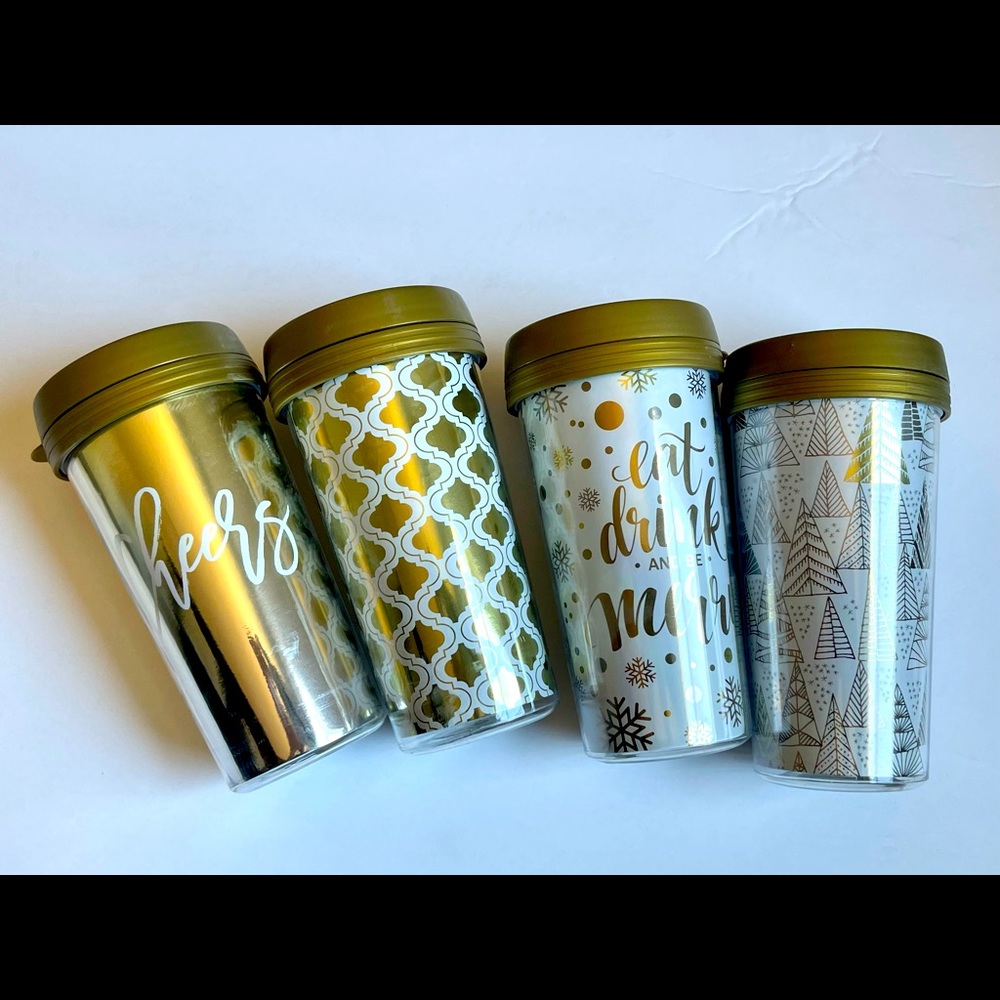 Christmas Insulated Cups w/ Covers Set of 5 Gold & White - Picture 1 of 4